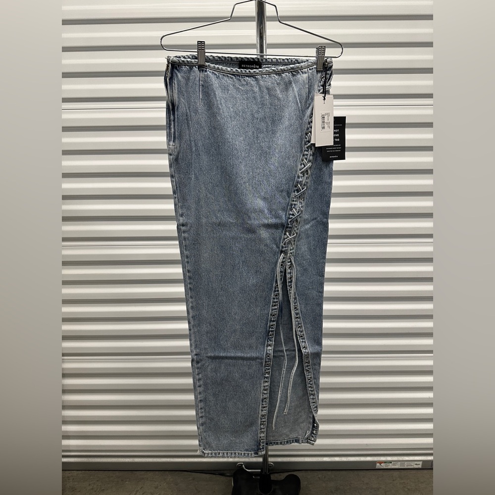 Retrofete Zahlia Skirt in Alani blue denim
 Lace up maxi high slit Revolve M - Picture 2 of 6